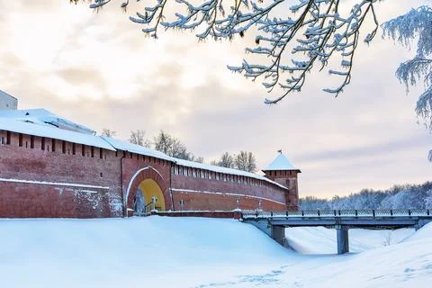 Novgorod Kremlin in winter day at sunset in Veliky Novgorod, Russia. Towers.. Stock-Fotos
