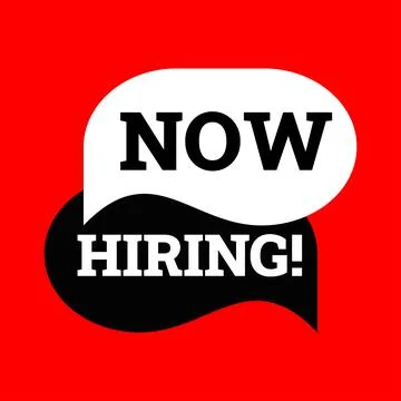 Now Hiring red Speech Bubble. Jobs recruitment design for companies. Illustrazione stock