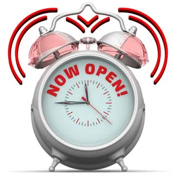 Now open! The alarm clock with text 스톡 일러스트