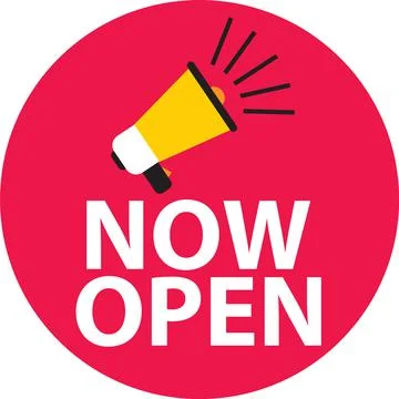 Now open label on white background. Now open banner with the megaphone Illustrazione stock