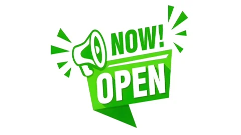 Now Open Megaphone Animated Banner Green Promotional Ribbon Badge Vidéo 334568973