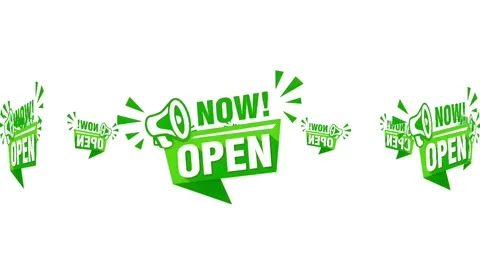 Now Open Megaphone Animated Banner Green Promotional Ribbon Badge Vidéo 334568978