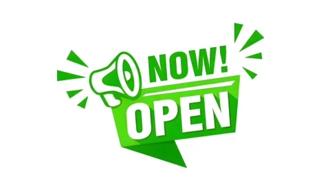 Now Open Megaphone Animated Banner Green Promotional Ribbon Badge Vidéo 334568992