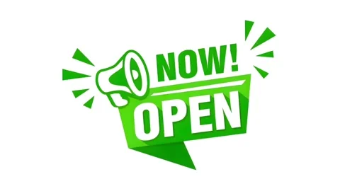 Now Open Megaphone Animated Banner Green Promotional Ribbon Badge Vidéo 334569046