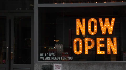 Now Open Neon Sign Display in Manhattan New York Stock Video Stock Footage