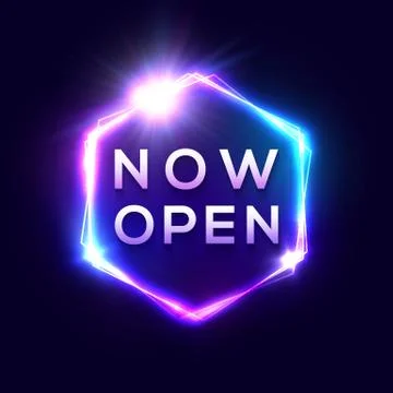 Now Open neon text. Light sign on blue background. Stock Illustration