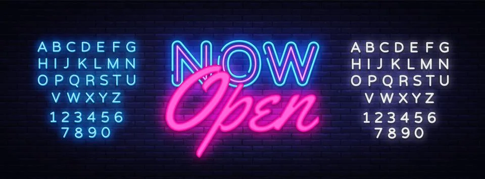 Now Open neon text vector design template. Now Open neon logo, light banner Stock Illustration