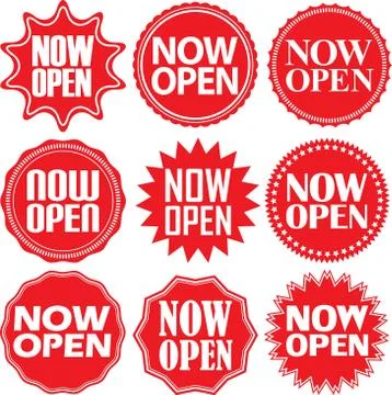 Now open red label. Now open red sign. Now open red banner. Vector illustrati Illustrazione stock