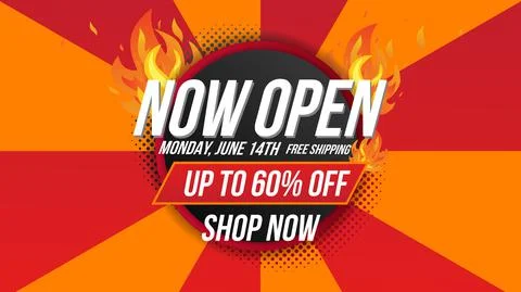 Now open shop or new store red and orange color fire sign on black background Stock Illustration