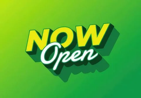 Now open sign with green background for store or business Stock Illustration
