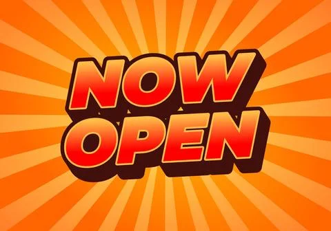 Now open. Text effect in red orange color with 3 dimension style Stock Illustration
