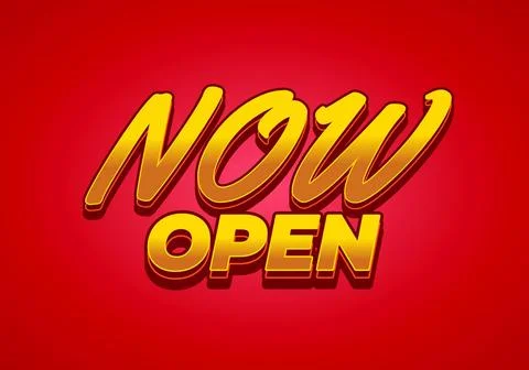 Now open. Text effect in yellow red color with 3 dimension style Stock Illustration