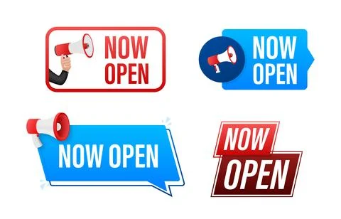 Now open text with Megaphone label set. Megaphone in hand promotion banner Иллюстрация