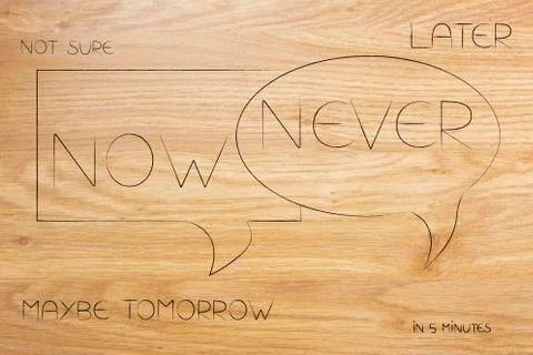 Now or never comic bubbles conversation surrounded by various options to post Stock Illustration