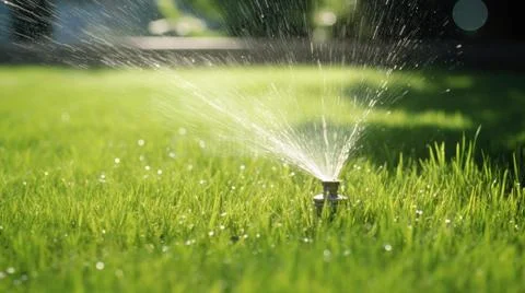 The nozzle of the automatic watering system waters a green lawn. Stock Photos