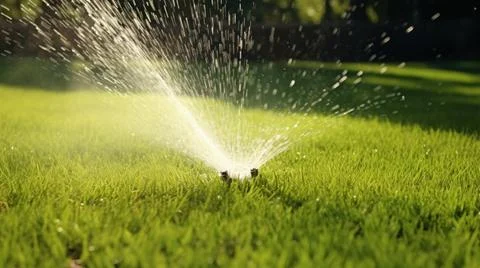 The nozzle of the automatic watering system waters a green lawn. Stock Photos