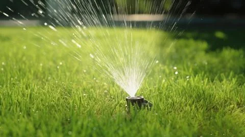 The nozzle of the automatic watering system waters a green lawn. Фото
