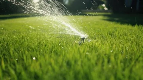 The nozzle of the automatic watering system waters a green lawn. Фото