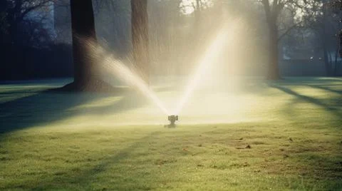 The nozzle of the automatic watering system waters a green lawn. Stock Photos