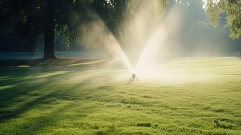 The nozzle of the automatic watering system waters a green lawn. Stock Photos