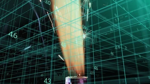Nozzle emitting flame while flame widening, elongating, sparking in teal grid Video stock 335651903
