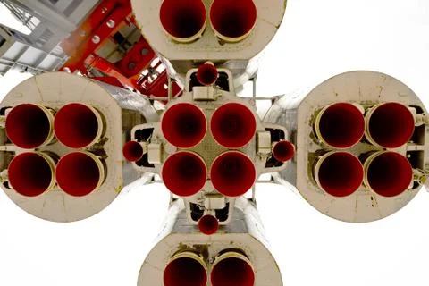 Nozzle of rocket from bottom view, space shit engines 스톡 사진