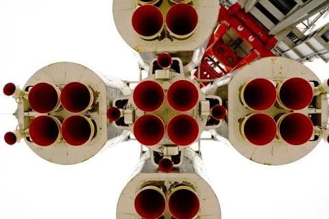Nozzle of rocket from bottom view, space shit engines Stock-Fotos