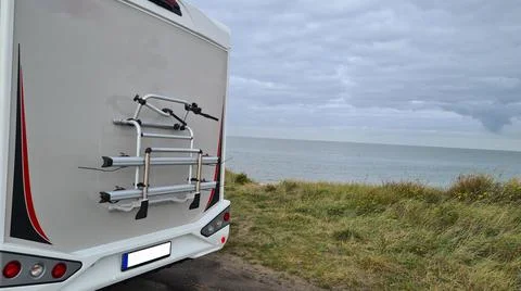 Nstallation of a bicycle stand for e-bikes on the Caravan Stock Photos