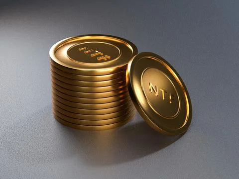 NTF coin token on grey background. Non-refundable token. 3d render. Crypto art Stock Illustration