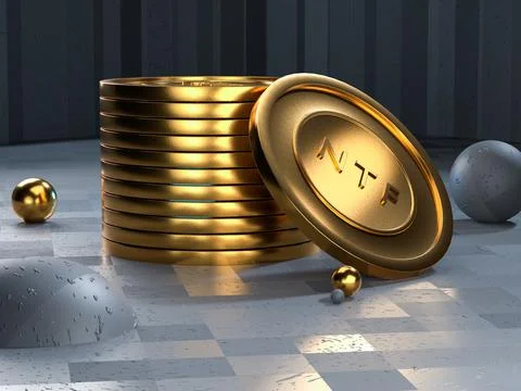 NTF coin token on grey background. Non-refundable token. 3d render. Crypto art Stock Illustration