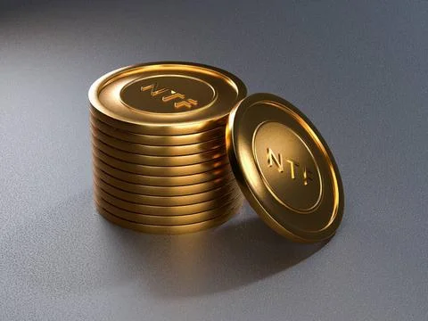 NTF coin token on grey background. Non-refundable token. 3d render. Crypto... Stock Photos