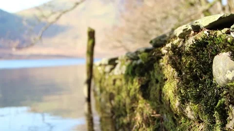 (NTSC) Pull Focus Along Moss Covered Stone Pier Reflections beautiful water Stock-Footage 41006799