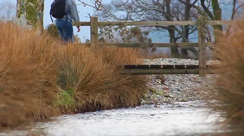 (NTSC) Walker Crossing Bridge Stream Slow Motion English Countryside (720 50fps) Stock-Footage 41006750