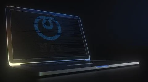 NTT logo made with computer code on the laptop screen. Editorial conceptual 3d Stock Illustration