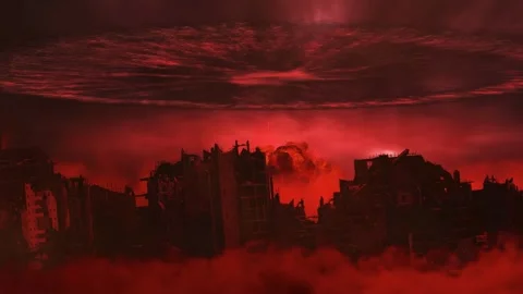 Nuclear atom bomb explosion over city Stock Footage 303414366