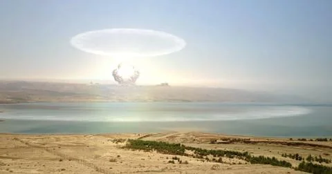 Nuclear atom bomb over Desert mountains and sea. Stock Illustration