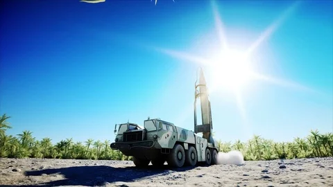 Nuclear ballistic rocket, complex. Launch rocket, dust. Realistic 4k animation. Vídeos de archivo 84834939