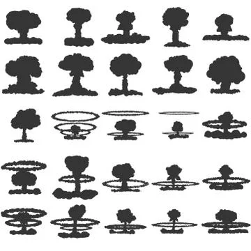 Nuclear blast explosion smoke Set Vector black icon on white. Stock Illustration
