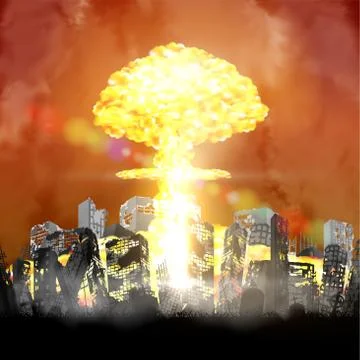 Nuclear bomb exploding over ruined city building Stock Illustration