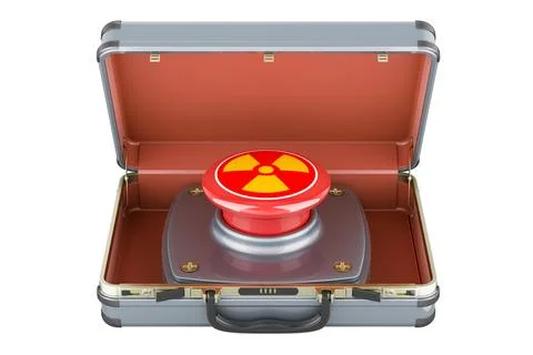 Nuclear briefcase. Nuclear red button inside briefcase, 3D rendering 스톡 일러스트
