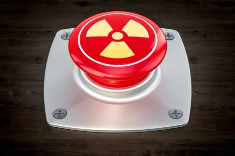 Nuclear button, radiation push-button  on the wooden table, 3D rendering 스톡 일러스트