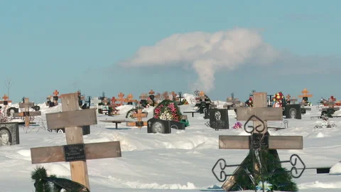 Nuclear cloud over the cemetery in winter against the blue sky Stock-Footage 105637413