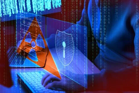 Nuclear deterrence. Hacker using computers in darkness, binary code and vir.. Foto stock