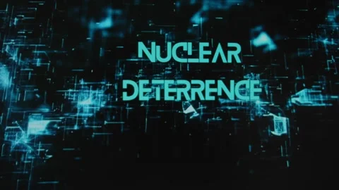 Nuclear Deterrence inscription on black background with neon holograms. Graphic Stock Footage 270953203