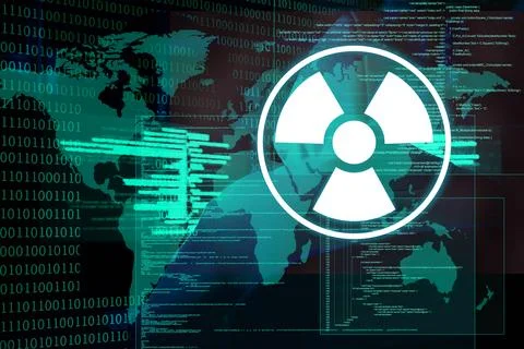 Nuclear deterrence. Multiple exposure with hacker in darkness, world map, w.. Illustrazione stock