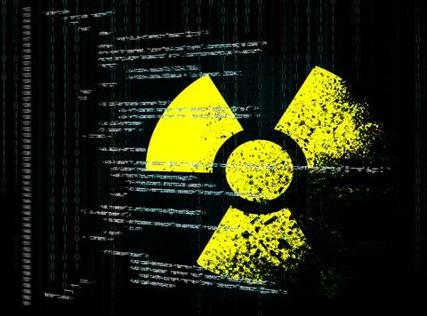 Nuclear deterrence. Warning radiation symbol, source and binary codes on bl.. Stock Illustration