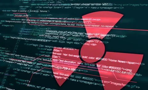 Nuclear deterrence. Warning radiation symbol and source codes on dark backg.. Stock Illustration