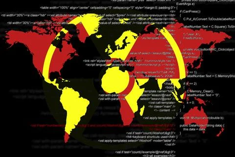 Nuclear deterrence. Warning radiation symbol, world map and source code on .. Illustrazione stock