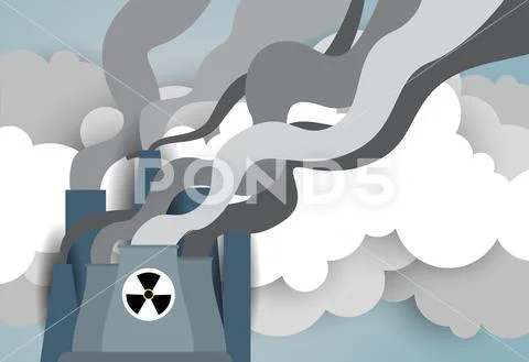 Nuclear Energy Plant Or Factory With Smoking Tow And Pipe Isolated On White Stock Illustration