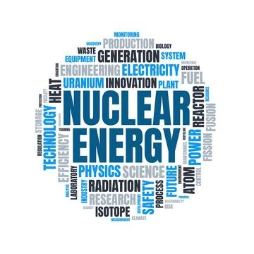 Nuclear Energy Word Cloud Typography with Power Generation and Radiation Ph.. Stock Illustration